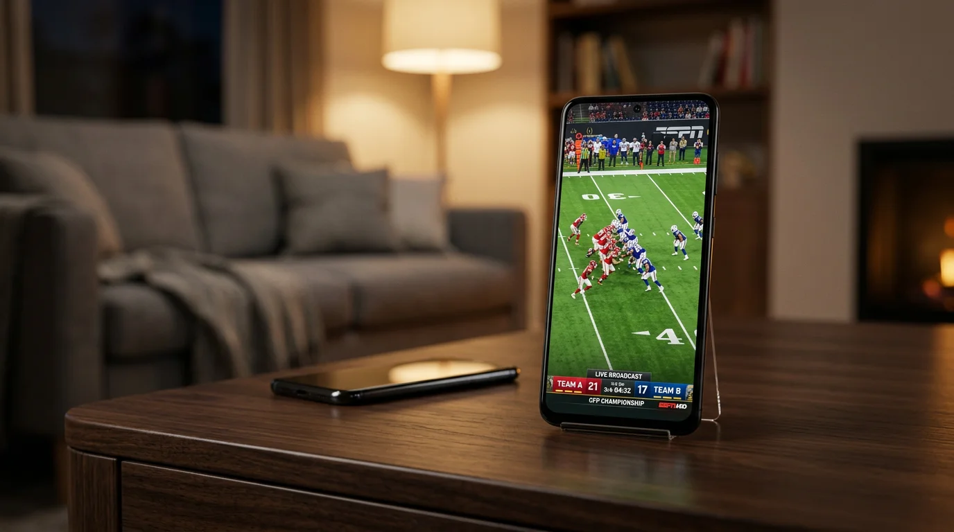 Smartphone mostrando un partido de futbol americano universitario en una sala de estar