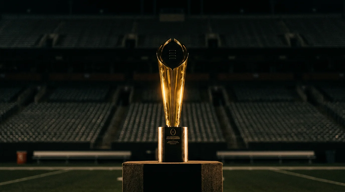 Trofeo dorado de fútbol americano universitario iluminado sobre un pedestal en un estadio vacío