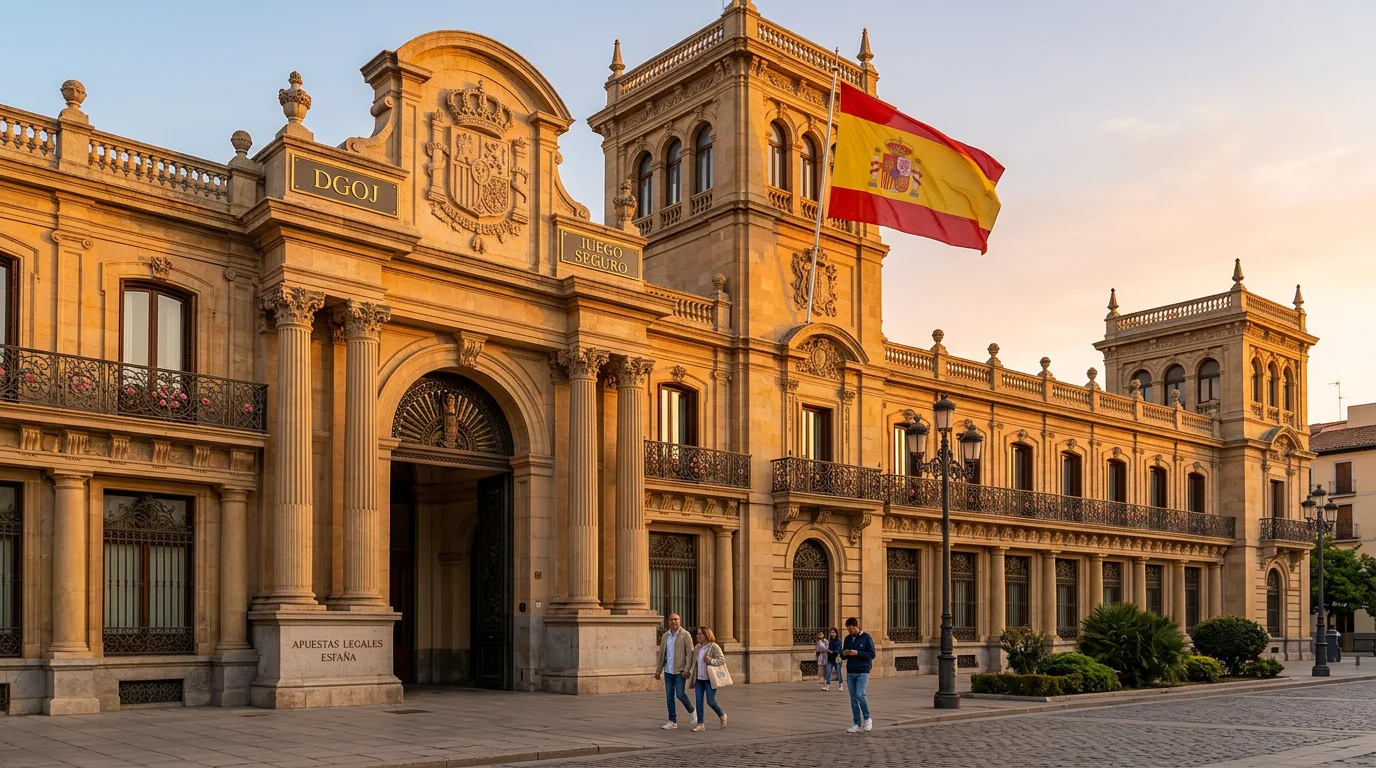 Fachada de edificio institucional español con bandera de España al atardecer