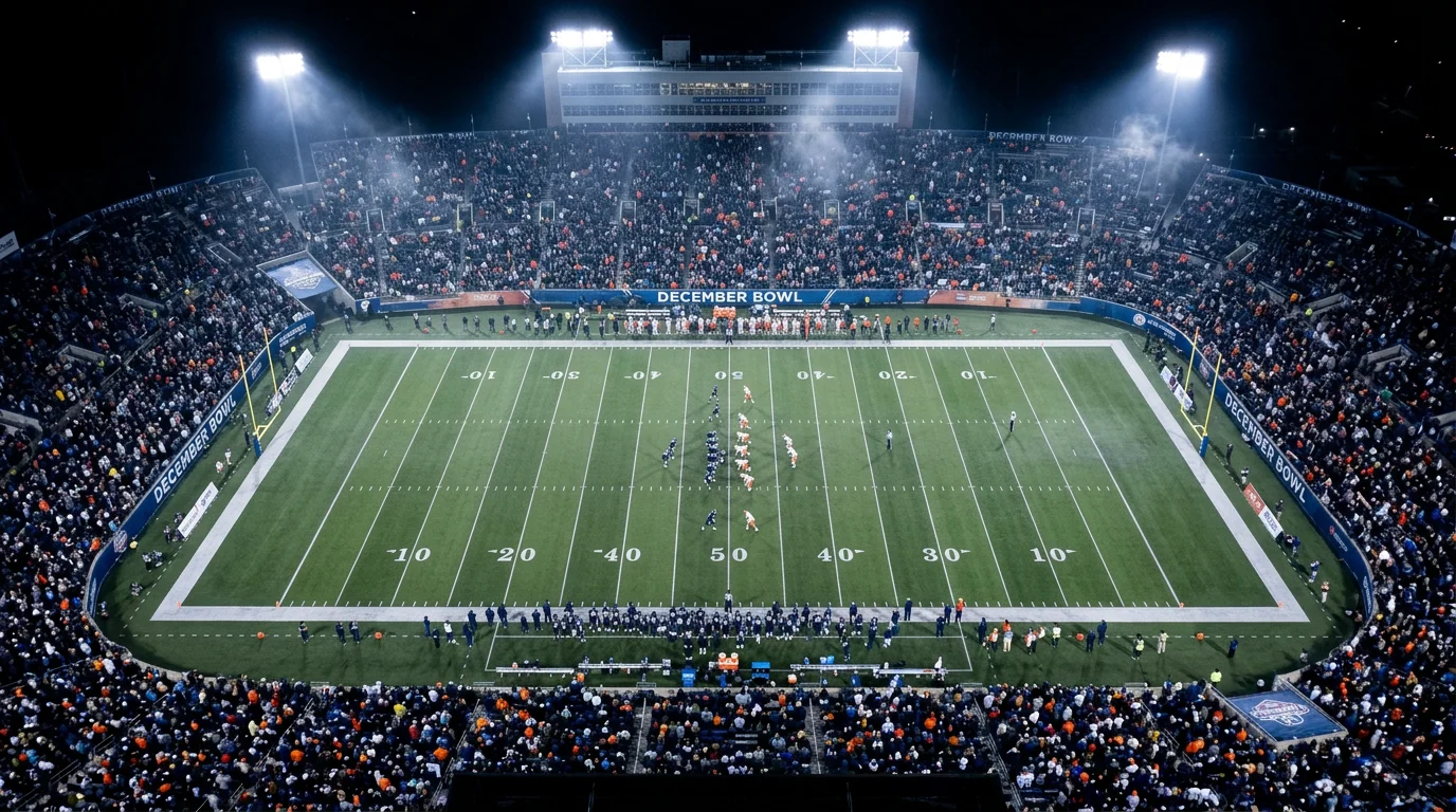 Estadio de futbol americano iluminado para un bowl game nocturno en diciembre