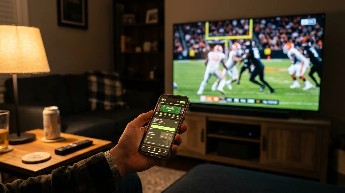 Mano de apostador sobre pantalla de móvil durante un partido de futbol americano universitario