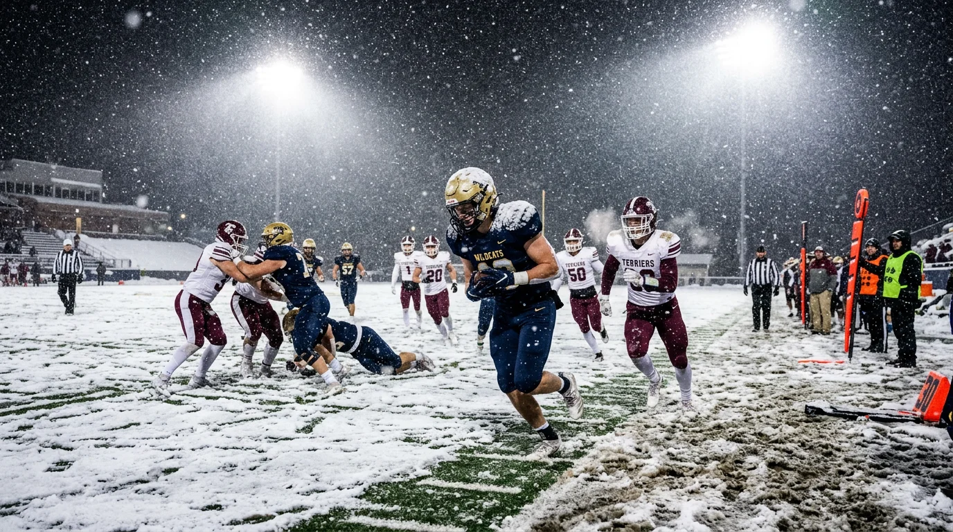 Campo de fútbol americano universitario con nieve cayendo durante un partido nocturno