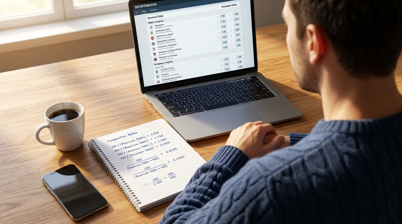 Persona analizando cuotas de apuestas deportivas en una pantalla de ordenador con anotaciones en un cuaderno