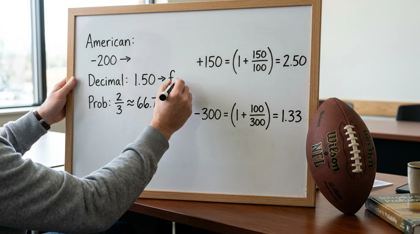 Pizarra con fórmulas matemáticas de conversión de cuotas junto a un balón de fútbol americano