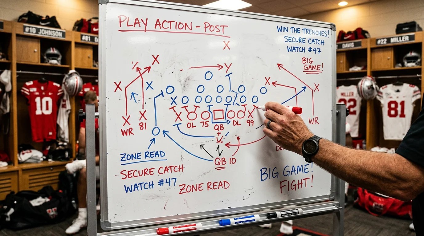Pizarra de analisis tactica de futbol americano con diagramas de jugadas y notas de estrategia