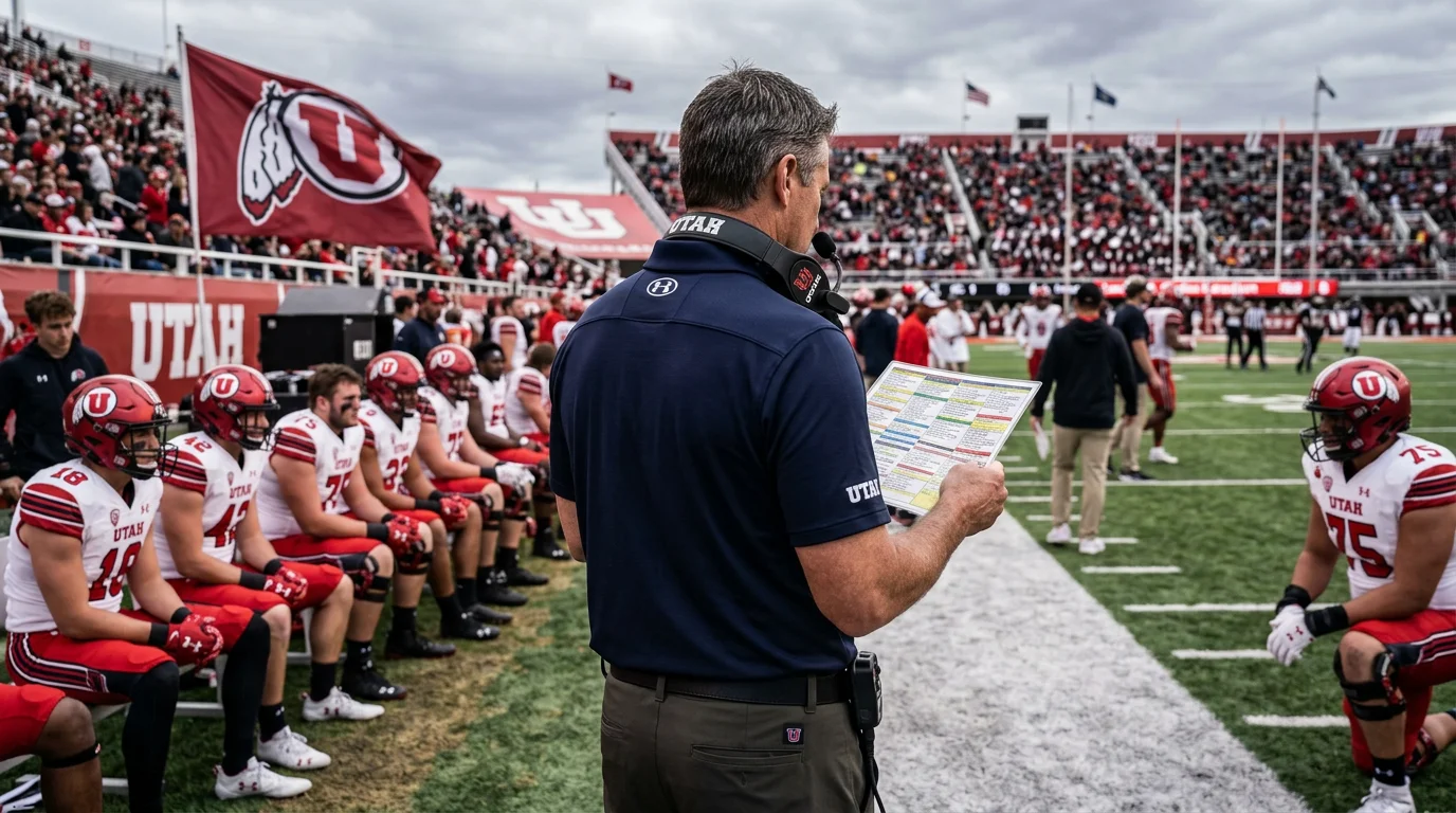 Entrenador de futbol americano universitario revisando la pizarra de jugadas en la banda del campo con el equipo al fondo