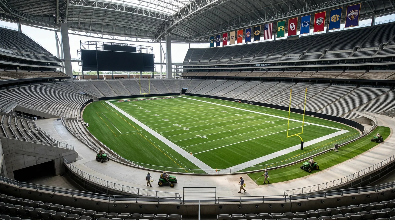 Estadio universitario de futbol americano con el campo verde preparado para un partido del College Football Playoff
