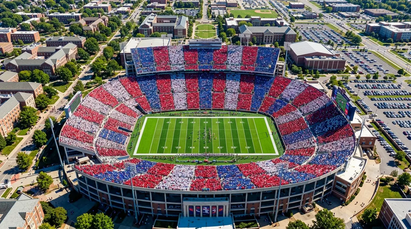 Vista aerea de un estadio de futbol americano universitario lleno de aficionados con las gradas formando mosaico de colores