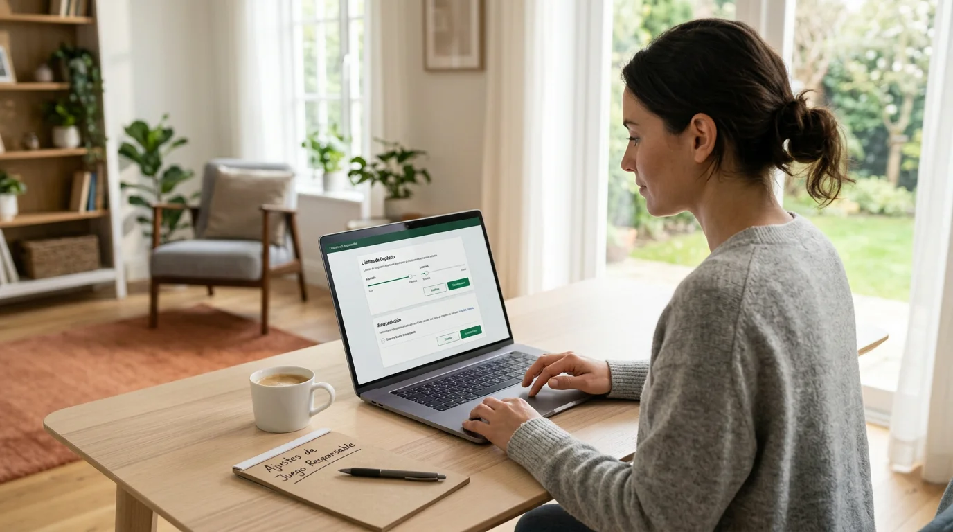 Persona configurando limites de apuesta en la pantalla de un portatil en un ambiente tranquilo