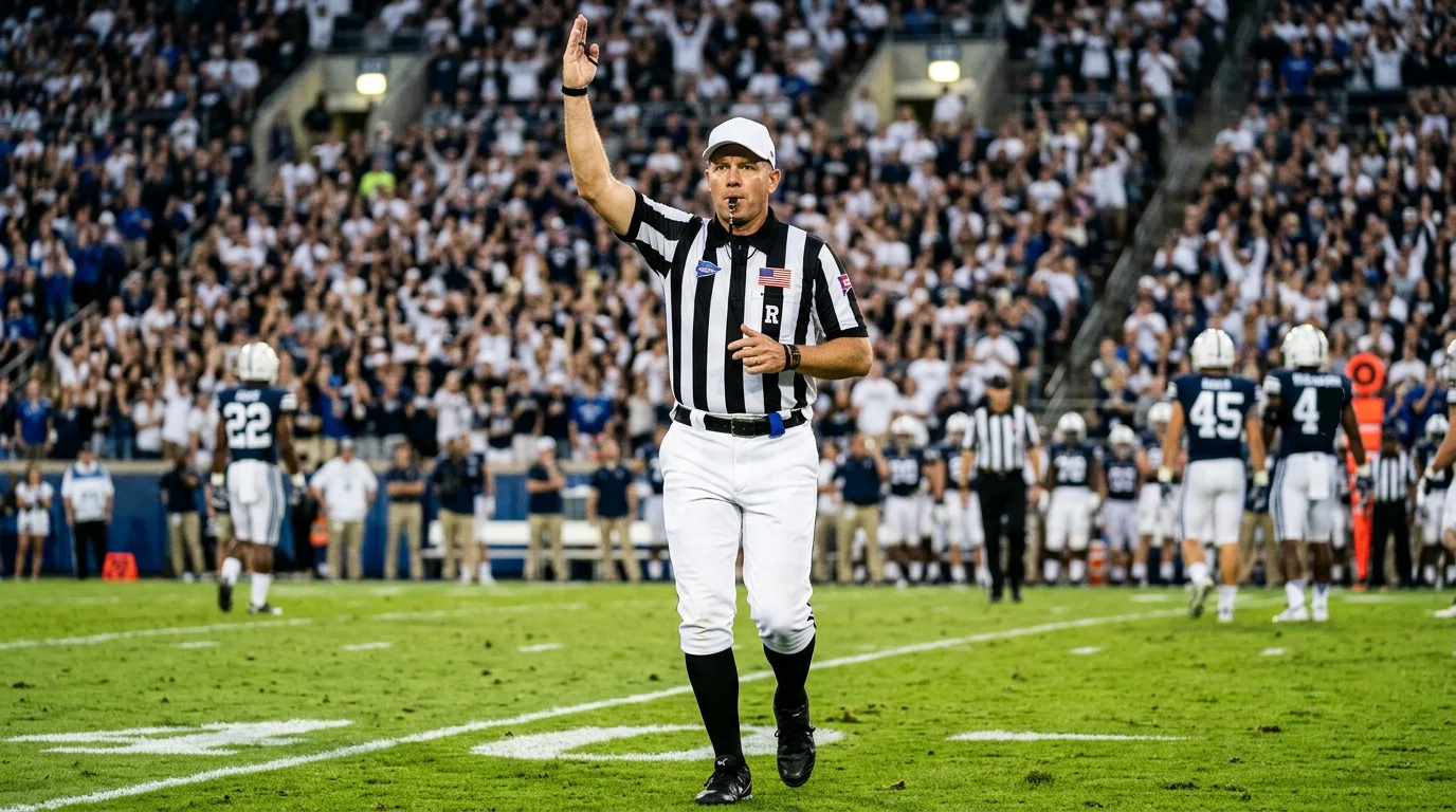 Arbitro de futbol americano senalando una jugada en el campo con las gradas llenas de espectadores universitarios
