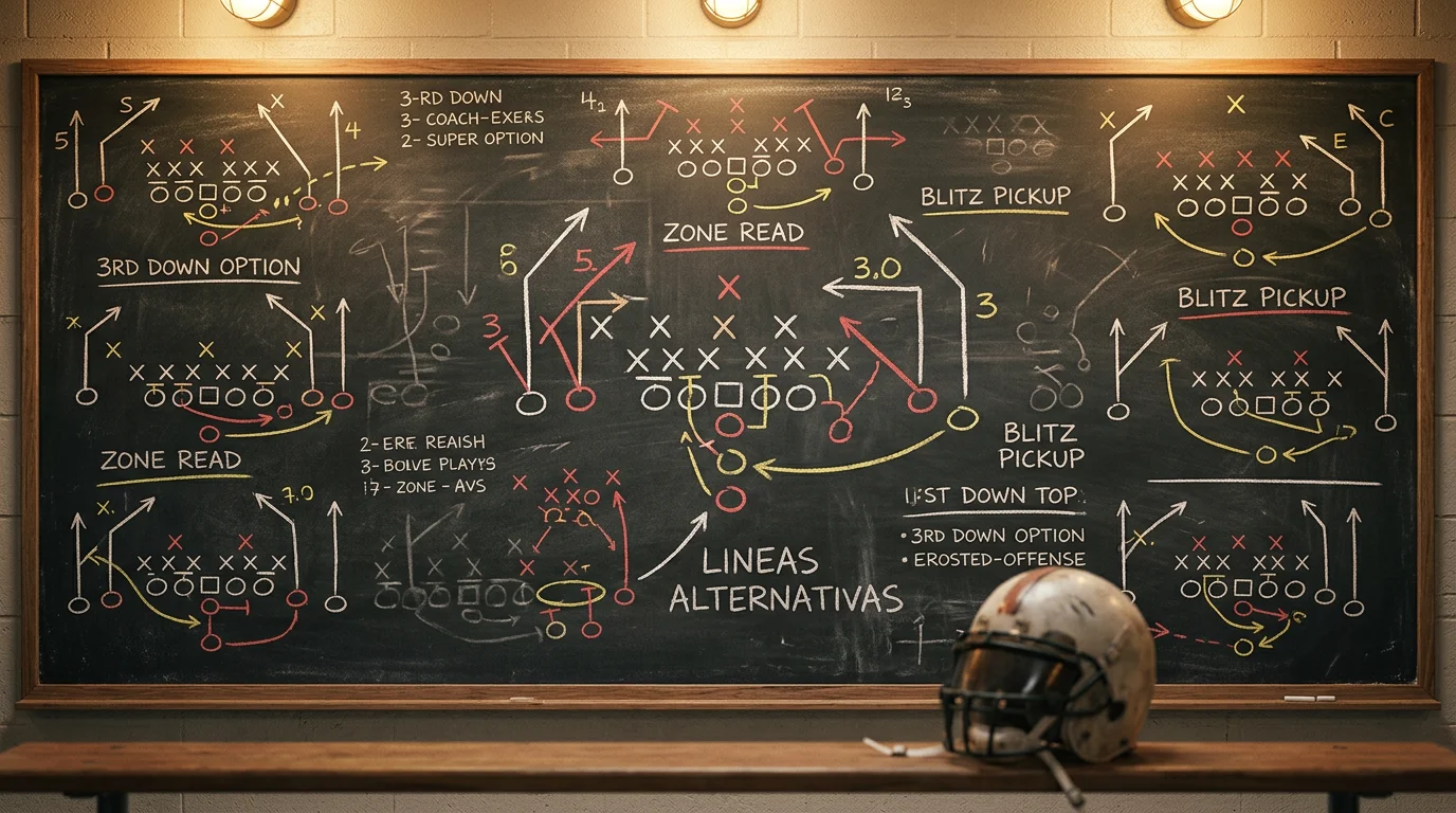 Pizarra de vestuario de fútbol americano con diagramas de jugadas y números de estrategia escritos con tiza