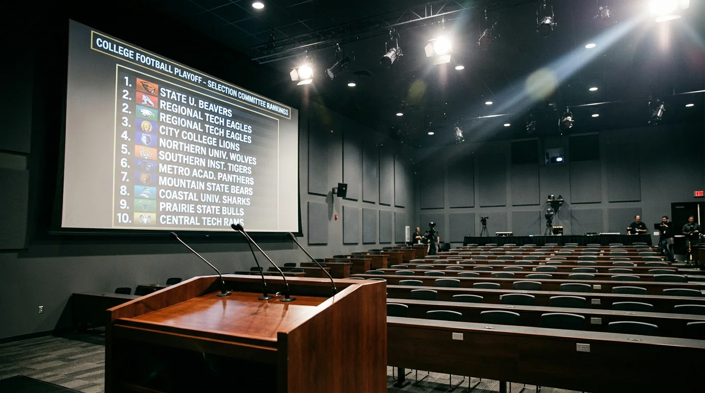 Sala de prensa con pantalla mostrando clasificación de equipos de futbol americano universitario