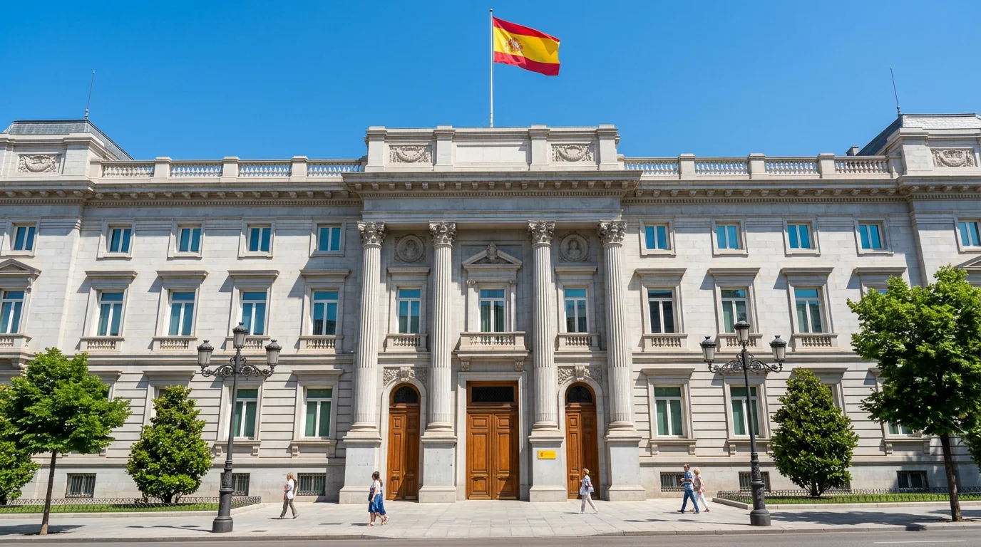 Edificio institucional en Espana con bandera espanola al viento, simbolizando el marco regulatorio de apuestas deportivas