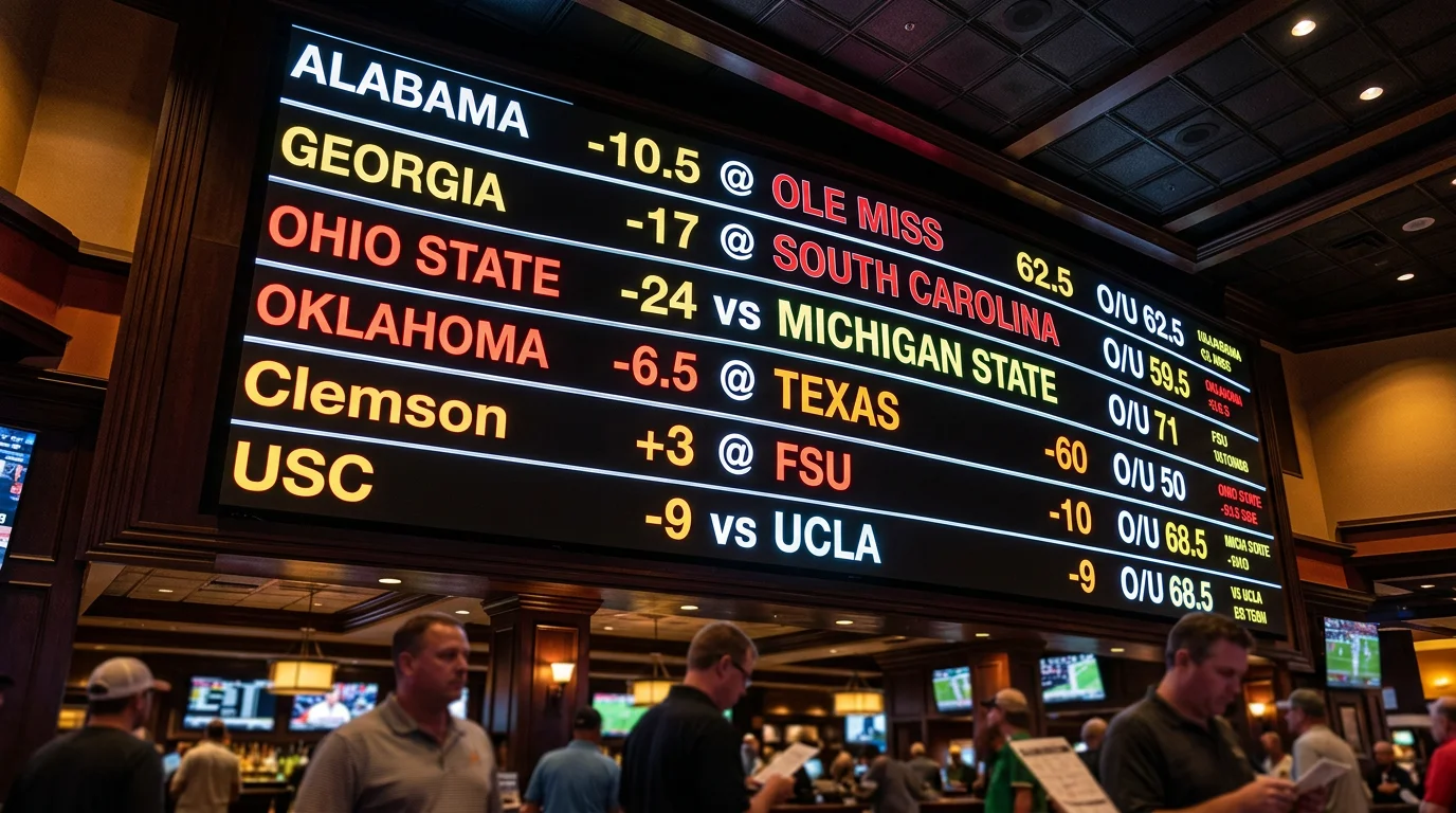 Pantalla de cuotas de apuestas deportivas con líneas de fútbol americano universitario cambiando en tiempo real