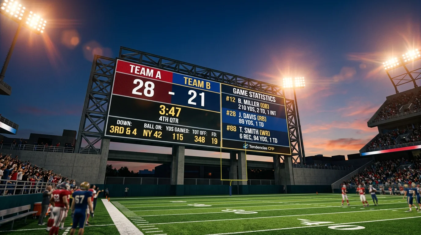 Marcador de un estadio de fútbol americano universitario con datos estadísticos proyectados