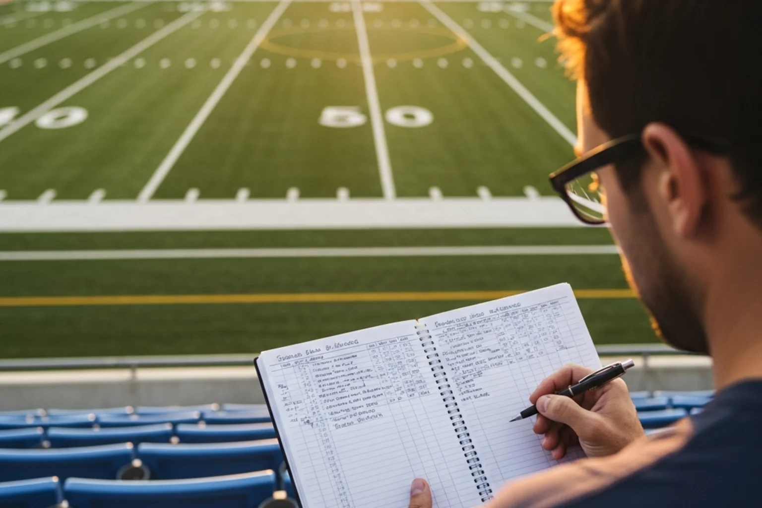 Analista deportivo estudiando estadísticas de fútbol americano en un cuaderno frente a un campo universitario vacío