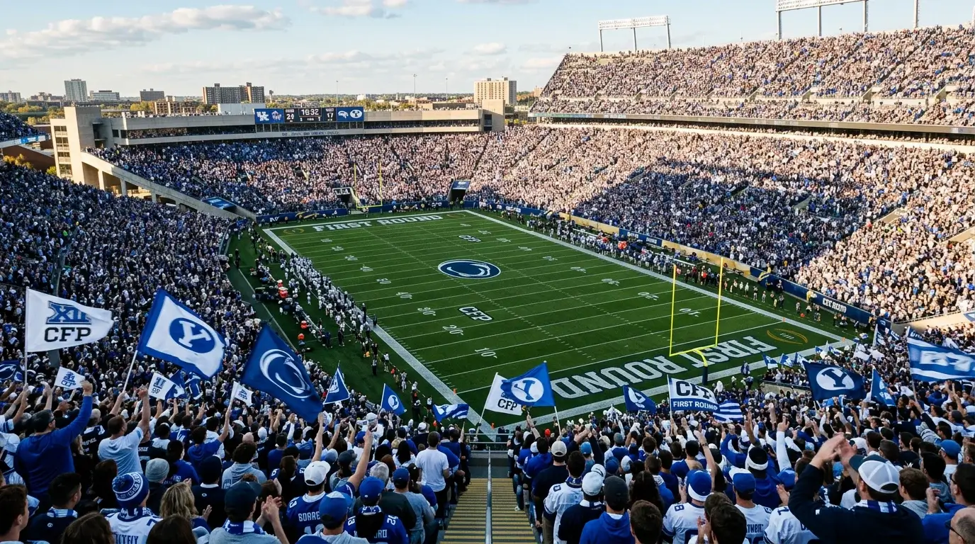 Afición universitaria llenando un estadio de fútbol americano con banderas del equipo local